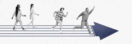 Panoramic creative collage running two man woman walking girls marathon track road competition...