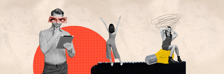 Creative panoramic collage happy standing girl thinking minded man employee find solution eureka lightbulb decision project managerの写真素材