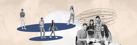 Composite photo collage of team colleagues work process discussion business project break cup...