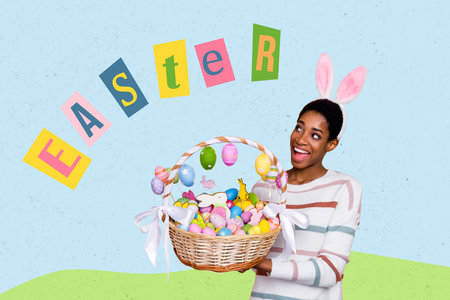 Composite collage image of excited girl hold eggs basket look empty space celebrate easter...