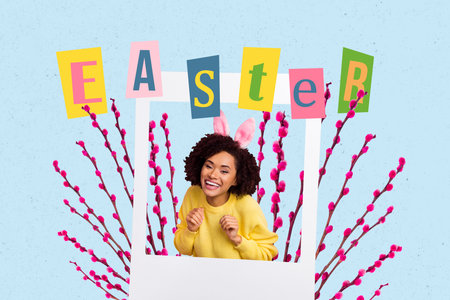 Creative poster collage of charming female posing instant photo frame celebrate easter invitation...