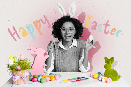Creative trend collage of cute cheerful girl handmade decoration tutorial celebrate easter...