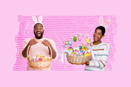 Composite collage picture image of excited couple hold eggs basket celebrate easter invitation...