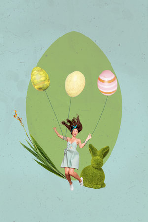 Composite collage image of funny young girl flying eggs air balloons celebrate easter invitation...