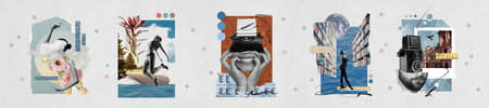 Creative collage image of gentle woman flowers sport typewriter library camera photo head panorama...
