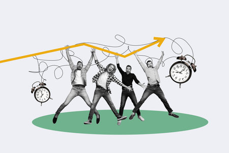 Trend artwork 3D photo collage of four young workers colleagues office attend morning meeting hold...