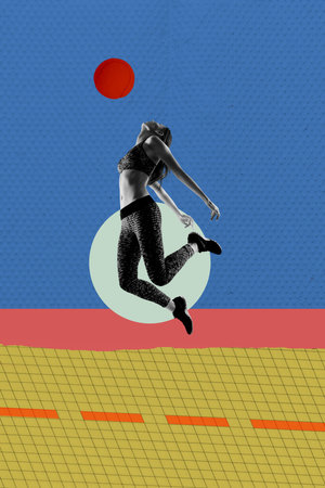 Vertical creative collage image of confident energetic female jumping enjoy sportive lifestyle weird...