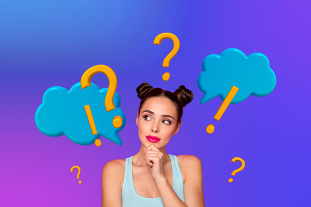 Creative photo collage young curious questioned girl textbox exclamation mark ask why textbox bubble...