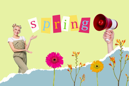 Collage picture of cheerful girl show spring placard big arm hold loudspeaker toa fresh flowers...