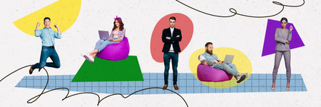 Composite panoramic collage of office workers beanbag freelance laptop team coworking director...