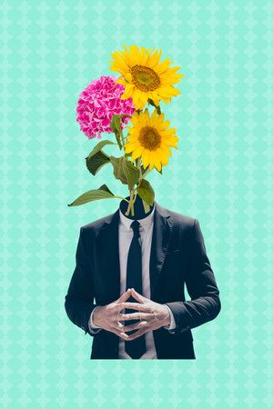 Vertical photo collage picture standing headless man fresh blossom spring holiday womens day gift...