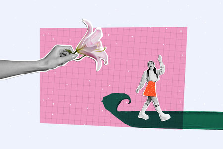 Photo collage of adorable young woman strolling waving hand when anonymous admirer gives lily flower...