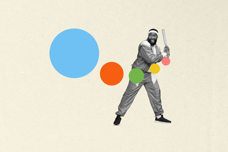 Artwork magazine collage picture of excited funky guy playing baseball isolated beige color...