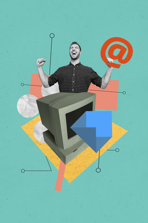 Vertical creative collage image of young man work process online message email letter old computer...