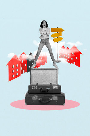 Vertical creative collage composite picture of surprised girlfriend touch cheeks bring huge...