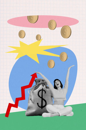 Vertical creative collage happy young girl celebrate successful earnings strategy increase income...