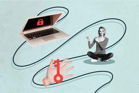 Collage sitting young happy satisfied girl pointing laptop antivirus software data protection...