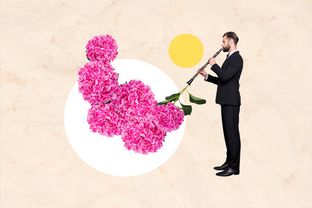 Composite photo collage of young man hold music pipe greeting woman day performance bouquet pink...