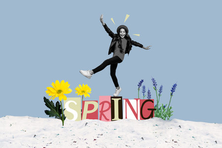 Composite collage image of overjoyed mini black white effect girl dancing big spring letters fresh...
