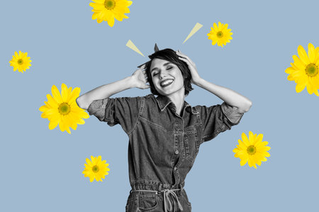 Collage image of charming cheerful black white effect girl hands touch hair flying daisy flowers...