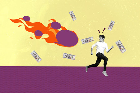 Creative sketch composite photo collage of scared man hurry run from comet wich bring financial...
