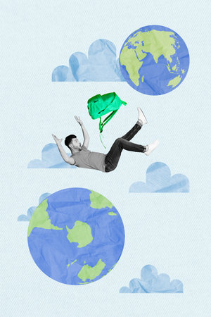 Vertical poster falling young guy sky clouds planet earth homeless traveler tourist backpack...