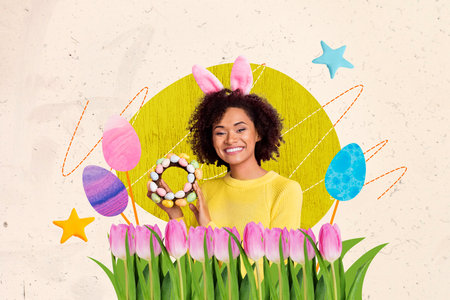 Banner picture collage of cheerful lovely girl showing traditional food chocolate eggs handmade...