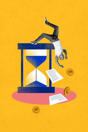 Photo collage artwork minimal picture of funky guy having time earning money isolated yellow color...