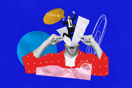 Collage 3d image of pinup pop retro sketch of excited businessman head caricature minded project...