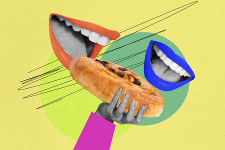 Composite trend artwork sketch image 3D photo collage of two huge hungry person mouths want eat hunt...