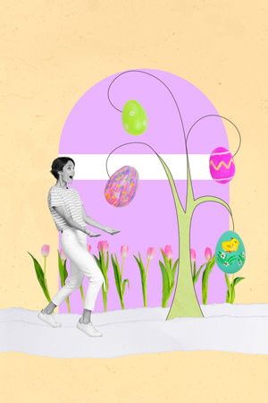 Vertical composite collage picture catch hanging paschal colored eggs religious event happy easter...