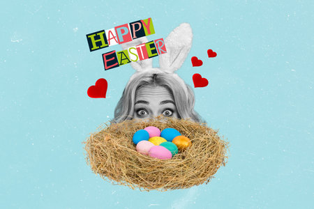 Creative abstract template collage of funny pretty girl hide face nest bird eggs bunny ears easter...