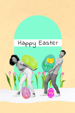Vertical creative composite illustration photo collage of happy people hold easter eggs celebrate...