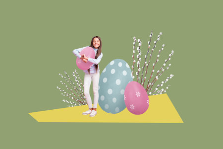 Composite collage picture image of little girl hug egg willow branch tree easter concept unusual...