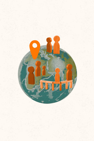 3D photo collage composite trend artwork sketch image of stickman people community stand on different earth continents have one pointの写真素材