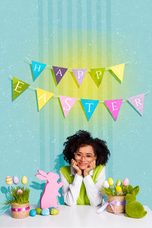 Composite collage image of cute girl student eggs rabbit grass bush happy easter concept weird freak...