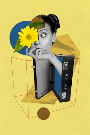 Collage picture of funky young girl gerbera blossom face eye valise travel trip relax rest concept isolated on creative 3d backgroundの写真素材