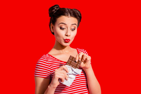 Close-up portrait of her she nice cute charming attractive lovely cheerful funny girl in striped...