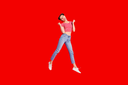 Full length body size photo yelling beautiful she her lady pomade lips jump high sale discount...