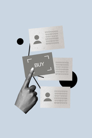 Vertical collage human arm finger touch buy button confidential information encrypted data digital cyber security numbers avatar profilesの写真素材