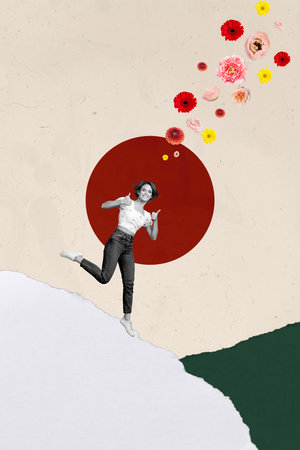 Vertical image collage of young lady show like gesture run snow hill melt spring flowers rose...