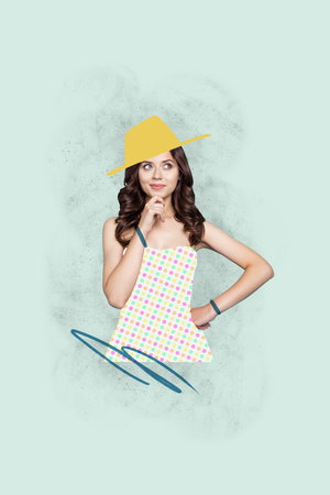 Collage poster image of adorable lovely cute woman hand touch chin ponder decision solution isolated...