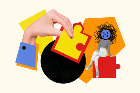 Sketch image composite trend artwork 3D collage of sad faceless lady bad mood emoji instead sit on...