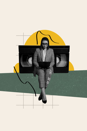 Creative drawing collage picture of office manager young female cassette recording working office...