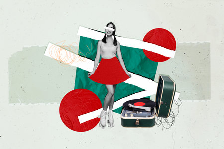 Creative collage young happy girl ride rollers skaters gramophone vintage music player audio listener playlist cutout eyes face fragmentの写真素材