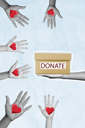 Trend artwork image composite photo collage of black white silhouette hand hold donation box handrs...