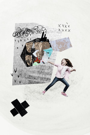 Vertical collage picture of excited little girl look big trash stack factory chimney pollution isolated on painted backgroundの写真素材