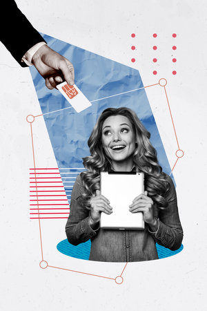 Photo collage of young secretary woman holding tablet looking at corporate sim card with access important data over white backgroundの写真素材