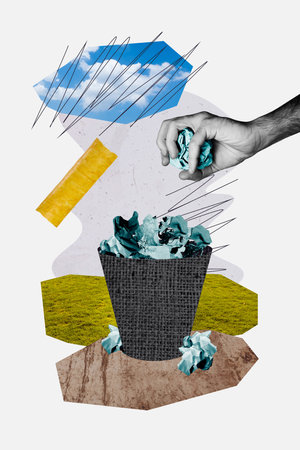 Composite collage image of hand throw away trash bin papers litter ecology nature shopping weird...