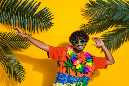 Portrait of positive guy with afro hairstyle wear hawaii flower necklace in glasses dancing having...